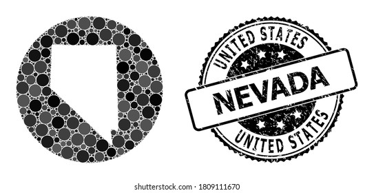 Vector mosaic map of Nevada State with round spots, and grey rubber seal stamp. Subtraction circle map of Nevada State collage formed with circles in various sizes, and dark grey color tinges.