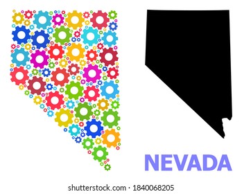 Vector mosaic map of Nevada State created for engineering. Mosaic map of Nevada State is done with randomized multi-colored wheels. Engineering items in bright colors.
