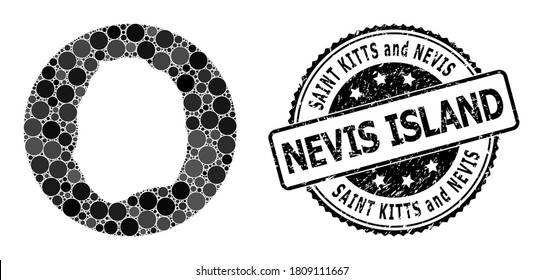Vector mosaic map of Nevis Island from round spots, and gray watermark seal stamp. Hole round map of Nevis Island collage formed with circles in variable sizes, and dark gray shades.