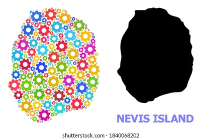 Vector mosaic map of Nevis Island done for engineering. Mosaic map of Nevis Island is done from scattered bright gears. Engineering components in bright colors.
