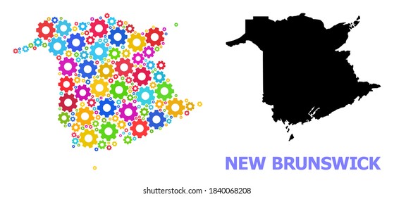 Vektormosaikkarte der Provinz New Brunswick für Ingenieurwesen. Die Mosaikkarte der Provinz New Brunswick wird mit randomisierten, hellen Zahnrädern erstellt. Ingenieurskunst in hellen Farben.