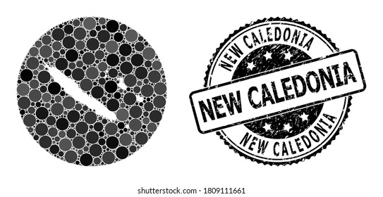 Vektor-Mosaik-Karte von Neukaledonien mit Kreissteinen und grauem Kratzsiegel. Hole runde Karte von Neukaledonien Collage mit Kreisen in unterschiedlichen Größen, und dunkelgraue Farbtöne.