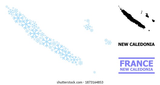 Vektormosaikkarte von Neukaledonien für Neujahr, Weihnachtsfeiern und Winter. Die Mosaikkarte Neukaledoniens wurde aus hellblauen Schneeelementen entworfen.