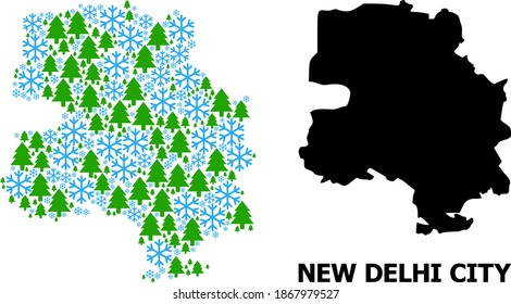 Mapa vectorial de mosaico de la ciudad de Nueva Delhi diseñado para Año Nuevo, Navidad e invierno. El mapa mosaico de la ciudad de Nueva Delhi está diseñado con copos de nieve y abetos.
