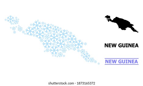Mapa vectorial de mosaico de la isla de Nueva Guinea creado para Año Nuevo, celebración de Navidad e invierno. El mapa mosaico de la isla de Nueva Guinea está diseñado con elementos de nieve azul claro.