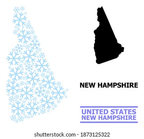 Mapa de mosaicos vectoriales del estado de New Hampshire organizado para Año Nuevo, celebración de Navidad e invierno. El mapa mosaico del estado de New Hampshire tiene forma de copos de nieve azul claro.