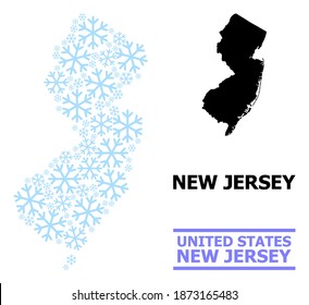 Vector mosaic map of New Jersey State combined for New Year, Christmas celebration, and winter. Mosaic map of New Jersey State is constructed from light blue snow items.