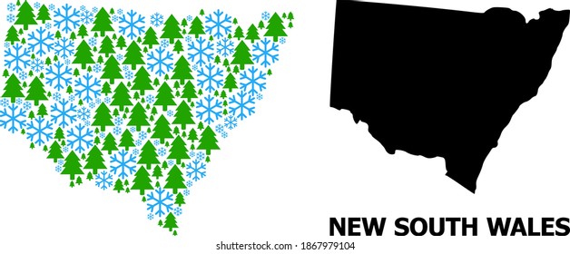 Vector mosaic map of New South Wales designed for New Year, Christmas, and winter. Mosaic map of New South Wales is created of snow and fir trees.