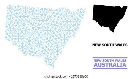 Vector mosaic map of New South Wales organized for New Year, Christmas celebration, and winter. Mosaic map of New South Wales is organized with light blue snow elements.