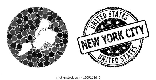 Vektormosaikkarte von New York City mit Kreispunkten und grauem Gummidichtung. Subtraktionsrunde Karte von New York City Collage erstellt mit Kreise in verschiedenen Größen und dunkelgraue Farbtöne.