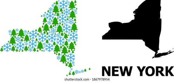 Vector mosaic map of New York State done for New Year, Christmas, and winter. Mosaic map of New York State is done from snow and fir-trees.
