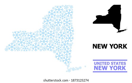 Vector mosaic map of New York State designed for New Year, Christmas celebration, and winter. Mosaic map of New York State is constructed from light blue snow elements.