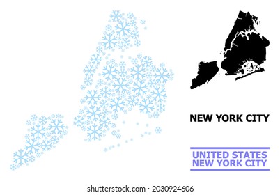 Vector mosaic map of New York City combined for New Year, Christmas celebration, and winter. Mosaic map of New York City is constructed with light blue snow items.