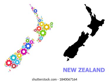 Vector mosaic map of New Zealand combined for engineering. Mosaic map of New Zealand is constructed from randomized bright gear wheels. Engineering items in bright colors.