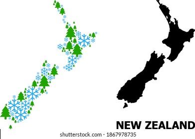 Vector mosaic map of New Zealand designed for New Year, Christmas, and winter. Mosaic map of New Zealand is designed of snowflakes and fir trees.