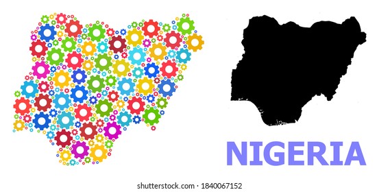 Vektor-Mosaik-Karte von Nigeria für Ingenieurwesen getan. Die Mosaikkarte Nigerias besteht aus mehrfarbigen, zufälligen Rädern. Ingenieurskunst in hellen Farben.