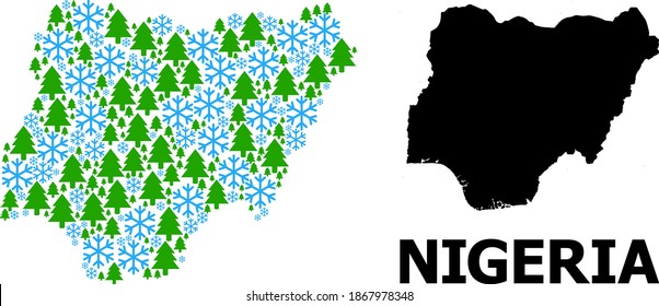 Vector mosaic map of Nigeria done for New Year, Christmas, and winter. Mosaic map of Nigeria is done with snow flakes and fir-trees.