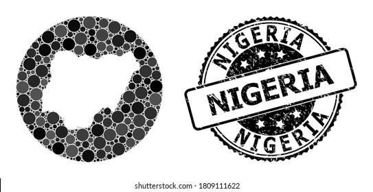 Vector mosaic map of Nigeria with round items, and gray rubber stamp. Subtraction round map of Nigeria collage composed with circles in variable sizes, and dark gray shades.