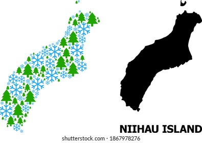Vector mosaic map of Niihau Island designed for New Year, Christmas, and winter. Mosaic map of Niihau Island is designed with snow and fir-trees.
