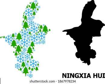 Vector mosaic map of Ningxia Hui Region combined for New Year, Christmas, and winter. Mosaic map of Ningxia Hui Region is formed with snow and fir forest.