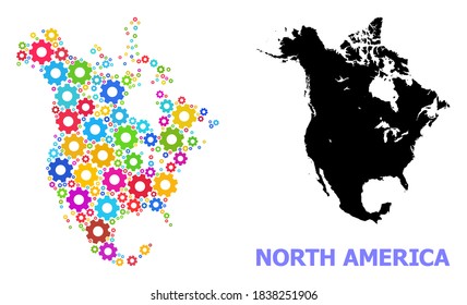 Vector mosaic map of North America constructed for workshops. Mosaic map of North America is composed with scattered bright gear wheels. Engineering components in bright colors.