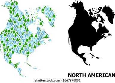 Vector mosaic map of North America combined for New Year, Christmas, and winter. Mosaic map of North America is composed of snowflakes and fir-trees.