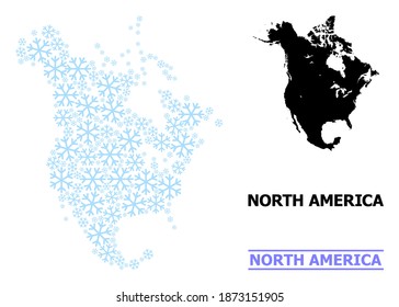 Mapa de mosaicos vectoriales de Norteamérica para Año Nuevo, celebración de Navidad e invierno. El mapa mosaico de Norteamérica está hecho con partes de nieve azul claro.