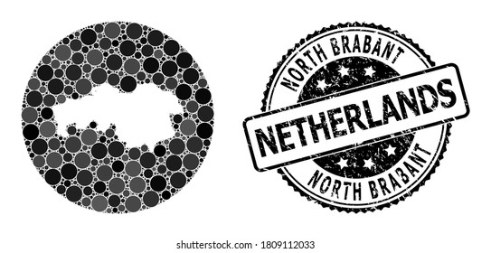 Vector mosaic map of North Brabant Province with round dots, and grey rubber seal stamp. Subtraction circle map of North Brabant Province collage created with circles in different sizes,