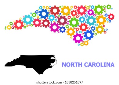 Vector mosaic map of North Carolina State designed for services. Mosaic map of North Carolina State is designed of random colorful gears. Engineering components in bright colors.