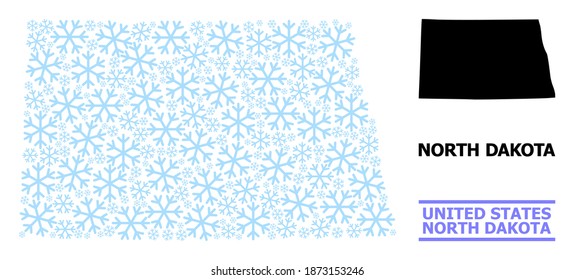 Mapa de mosaicos vectoriales del estado de Dakota del Norte hecho para Año Nuevo, celebración de Navidad e invierno. El mapa mosaico del estado de Dakota del Norte se hace con iconos de la nieve azul claro.