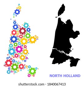 Vector mosaic map of North Holland created for engineering. Mosaic map of North Holland is made from randomized bright cogs. Engineering components in bright colors.