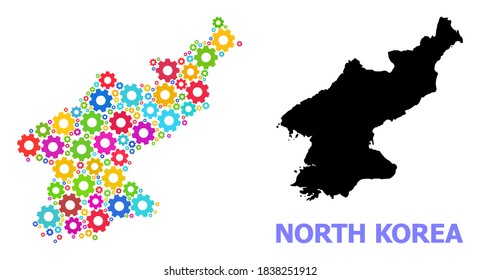 Mapa de mosaico vectorial de Corea del Norte construido para ingeniería. El mapa mosaico de Corea del Norte está hecho con tazas coloridas al azar. Artículos de ingeniería de colores vivos.