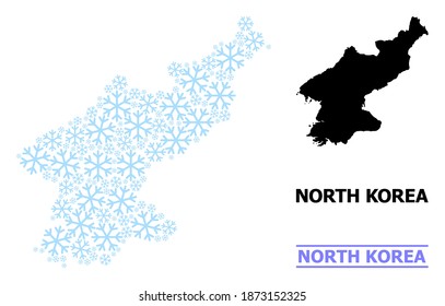Vektormosaikkarte Nordkoreas kombiniert für Neujahr, Weihnachtsfeiern und Winter. Die Mosaikkarte Nordkoreas ist aus hellblauen Schneegegenständen erschaffen.