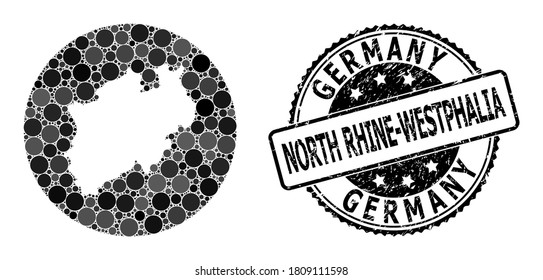 Vector mosaic map of North Rhine-Westphalia State with round blots, and gray watermark seal stamp. Subtraction circle map of North Rhine-Westphalia State collage formed with circles in variable sizes,