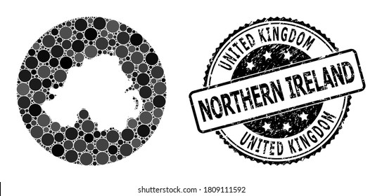 Vector mosaic map of Northern Ireland with spheric spots, and gray grunge seal stamp. Stencil round map of Northern Ireland collage designed with circles in various sizes, and dark gray color tinges.