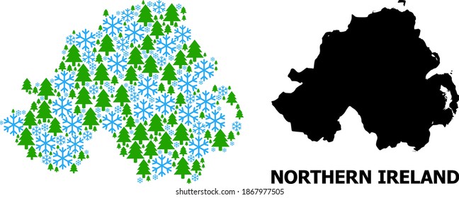 Vektormosaikkarte von Nordirland kombiniert für Neujahr, Weihnachten und Winter. Die Mosaikkarte Nordirlands ist mit Schneeflocken und Tannenwald organisiert.