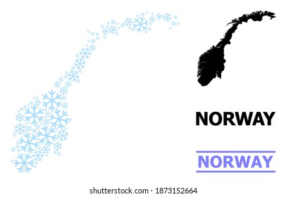 Vector mosaic map of Norway constructed for New Year, Christmas celebration, and winter. Mosaic map of Norway is composed with light blue snow items.