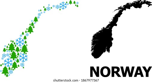 Vector mosaic map of Norway designed for New Year, Christmas, and winter. Mosaic map of Norway is composed from snow flakes and fir-trees.