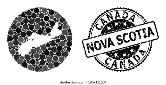 Vector mosaic map of Nova Scotia Province with circle items, and gray scratched seal. Stencil circle map of Nova Scotia Province collage composed with circles in variable sizes,