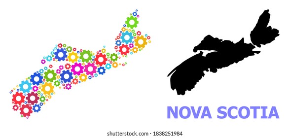 Vector mosaic map of Nova Scotia Province created for workshops. Mosaic map of Nova Scotia Province is created with randomized bright gears. Engineering items in bright colors.