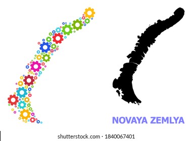 Vektormosaikkarte der Novaya Zemlya-Inseln für Ingenieurwesen. Die Mosaikkarte der Novaya Zemlya Inseln ist mit randomisierten, mehrfarbigen Gangrädern erstellt. Ingenieurskunst in hellen Farben.