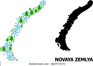 Vector mosaic map of Novaya Zemlya Islands constructed for New Year, Christmas, and winter. Mosaic map of Novaya Zemlya Islands is organized from snow and fir forest.