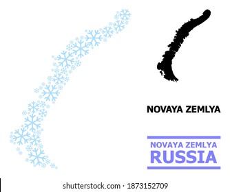Vector mosaic map of Novaya Zemlya Islands constructed for New Year, Christmas celebration, and winter. Mosaic map of Novaya Zemlya Islands is done of light blue snow items.