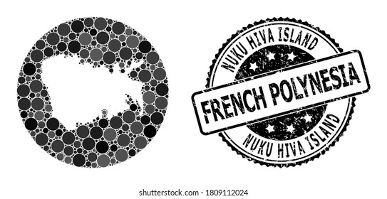 Vector mosaic map of Nuku Hiva Island with round dots, and grey scratched seal. Subtraction round map of Nuku Hiva Island collage created with circles in various sizes, and dark grey color tinges.
