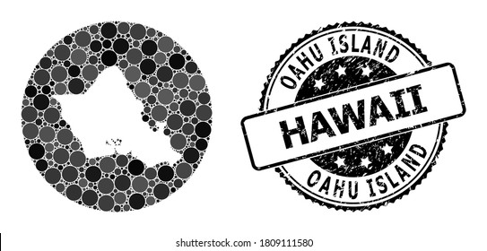 Vector mosaic map of Oahu Island from round elements, and grey rubber stamp. Stencil round map of Oahu Island collage designed with circles in various sizes, and dark grey shades.