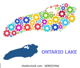 Vektor-Mosaikkarte des Ontario-Sees, konstruiert für Dienstleistungen. Die Mosaikkarte des Ontario-Sees wird aus randomisierten, hellen Gangrädern erstellt. Ingenieurskomponenten in hellen Farben.