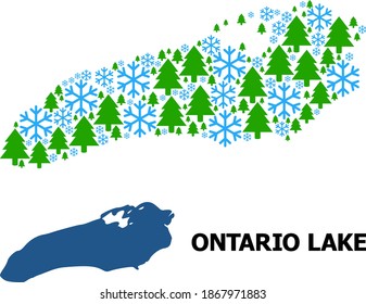 Vector mosaic map of Ontario Lake done for New Year, Christmas, and winter. Mosaic map of Ontario Lake is done of snow and fir-trees.