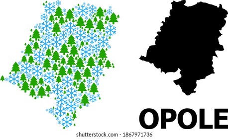 Vector mosaic map of Opole Province designed for New Year, Christmas, and winter. Mosaic map of Opole Province is constructed from snowflakes and fir forest.