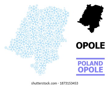 Vector mosaic map of Opole Province organized for New Year, Christmas celebration, and winter. Mosaic map of Opole Province is made with light blue snow items.