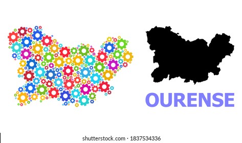Vector mosaic map of Ourense Province designed for industrial apps. Mosaic map of Ourense Province is designed from randomized bright gears. Engineering items in bright colors.